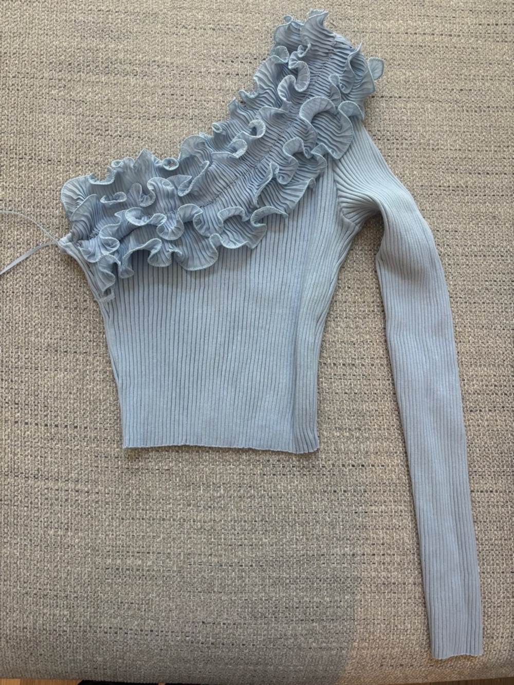 Zara Light Blue One-Shoulder Ruffle Ribbed Long Sleeve Top